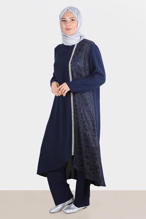 Tesettür giyim LACİVERT ALVİNA PUL PAYETLİ PANTOLONLU TAKIM T 30274 - TRENDTESETTÜR