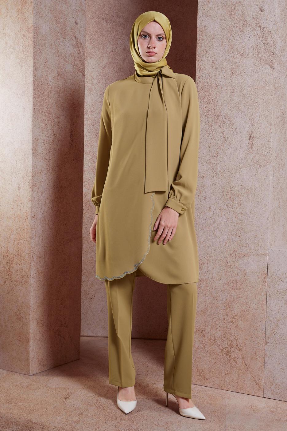 Tesettür giyim KAHVE ALVİNA İKİLİ PANTOLONLU TAKIM T 30277