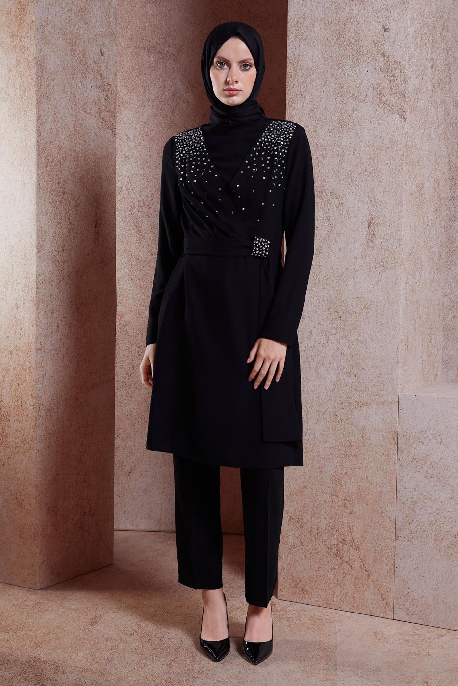 Tesettür giyim SİYAH ALVİNA TAŞLI PANTOLONLU TAKIM T 30279