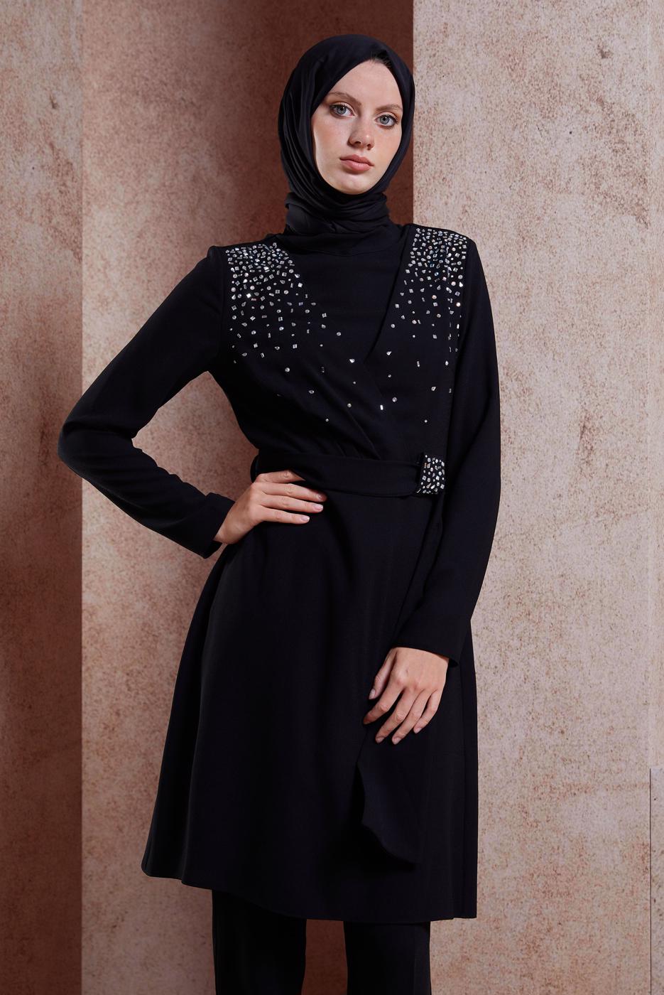 Tesettür giyim SİYAH ALVİNA TAŞLI PANTOLONLU TAKIM T 30279