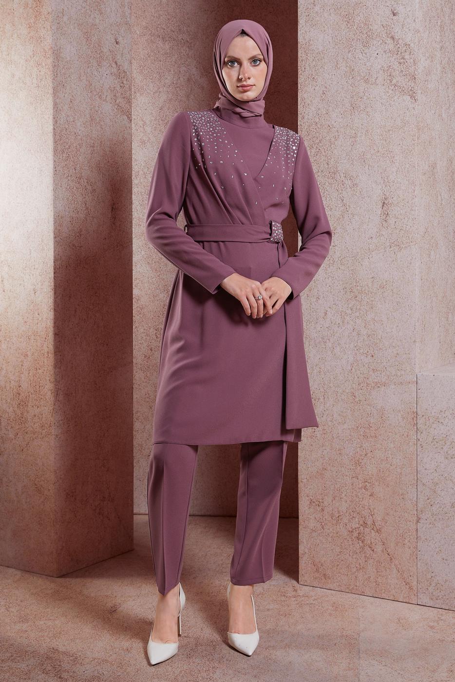 Tesettür giyim PEMBE ALVİNA TAŞLI PANTOLONLU TAKIM T 30279