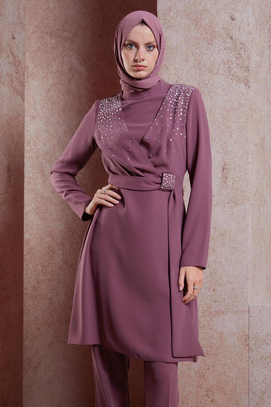 Tesettür giyim PEMBE ALVİNA TAŞLI PANTOLONLU TAKIM T 30279