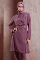 Tesettür giyim PEMBE ALVİNA TAŞLI PANTOLONLU TAKIM T 30279