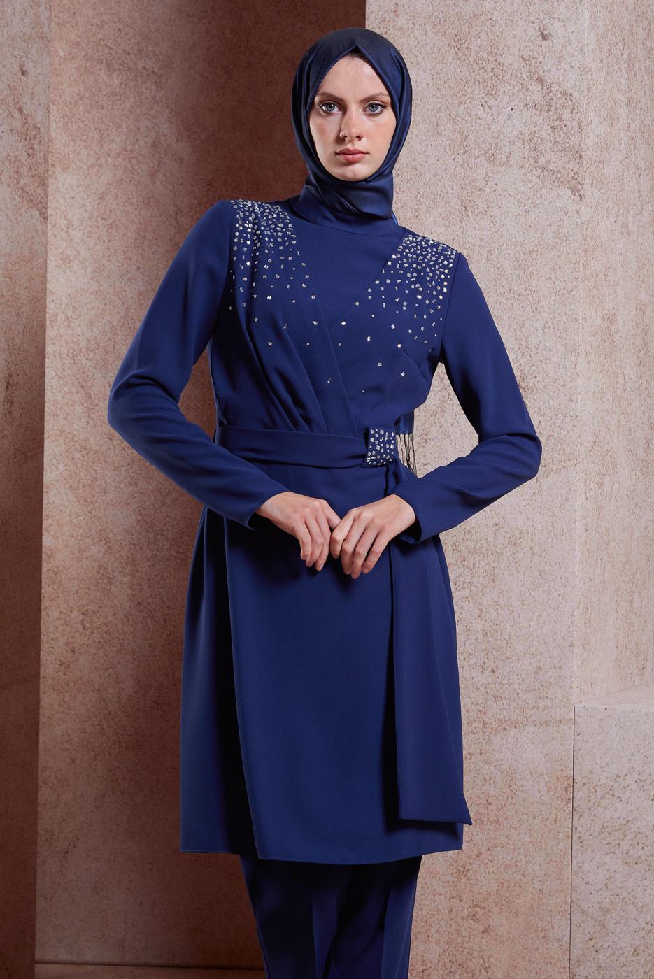 Tesettür giyim LACİVERT ALVİNA TAŞLI PANTOLONLU TAKIM T 30279