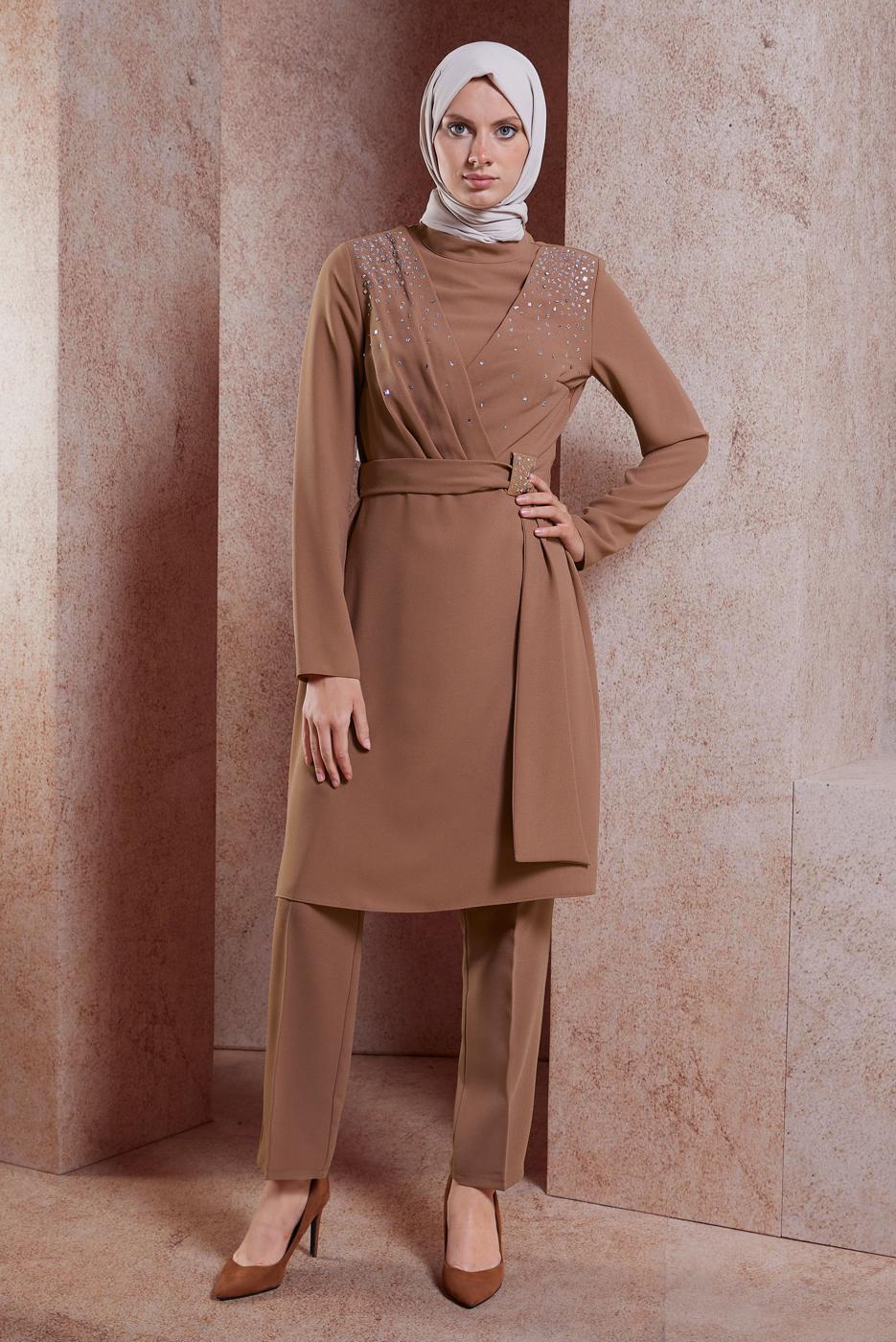 Tesettür giyim KAHVE ALVİNA TAŞLI PANTOLONLU TAKIM T 30279