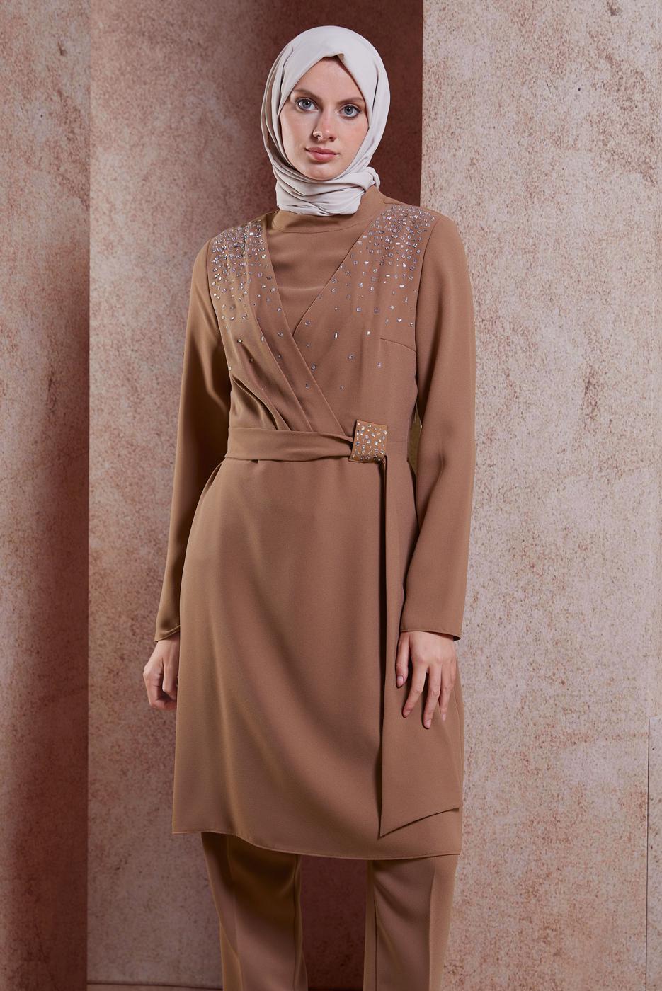 Tesettür giyim KAHVE ALVİNA TAŞLI PANTOLONLU TAKIM T 30279