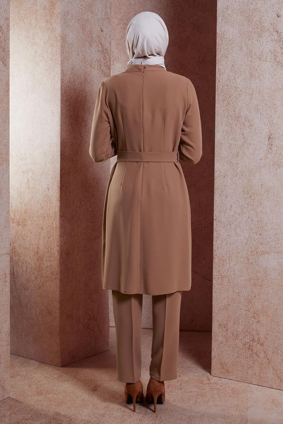 Tesettür giyim KAHVE ALVİNA TAŞLI PANTOLONLU TAKIM T 30279