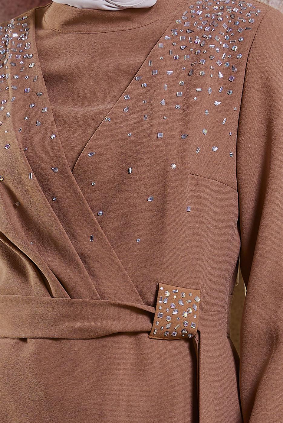 Tesettür giyim KAHVE ALVİNA TAŞLI PANTOLONLU TAKIM T 30279