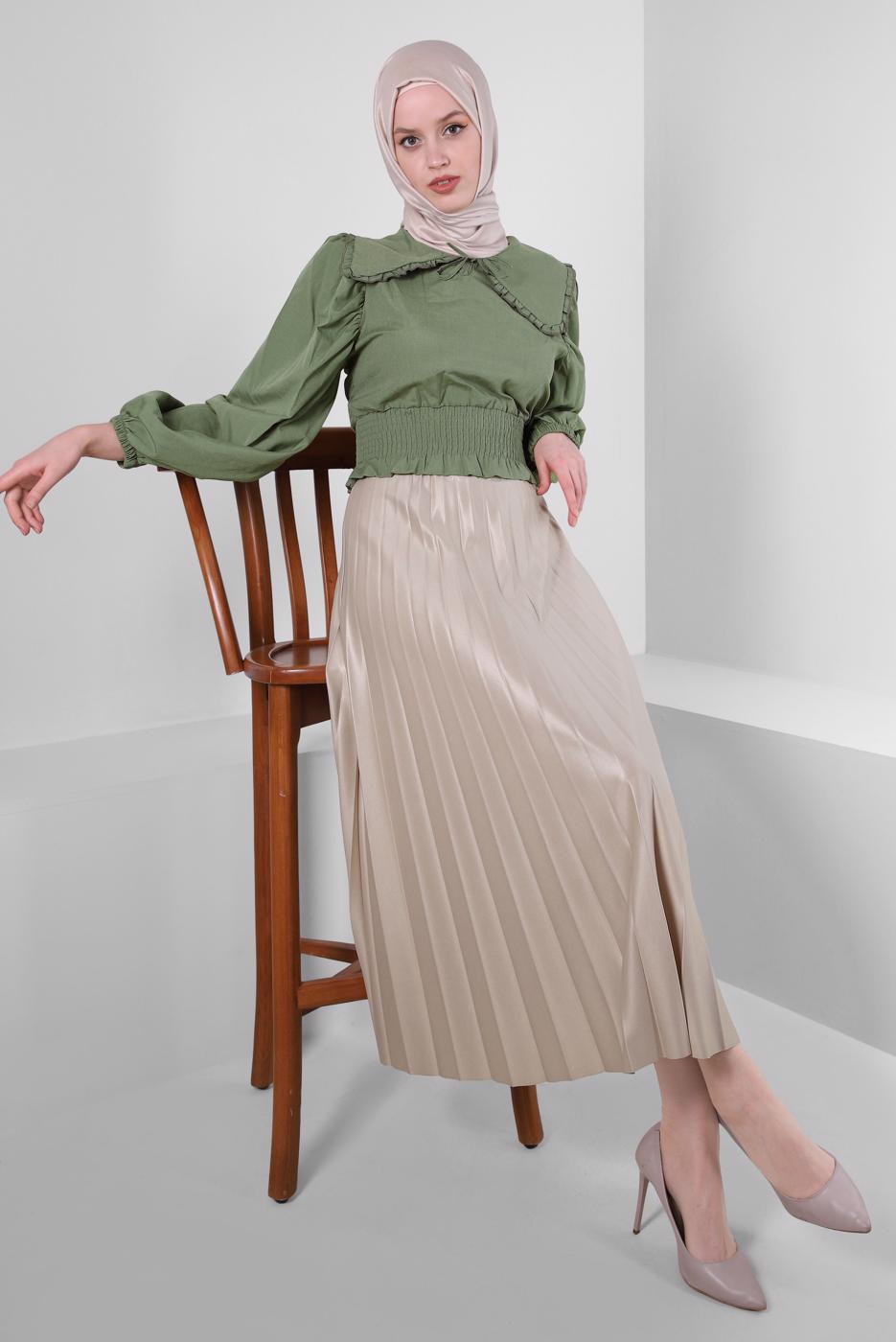 Tesettür giyim BEJ BELİ LASTİKLİ PİLİSELİ ETEK T 20004