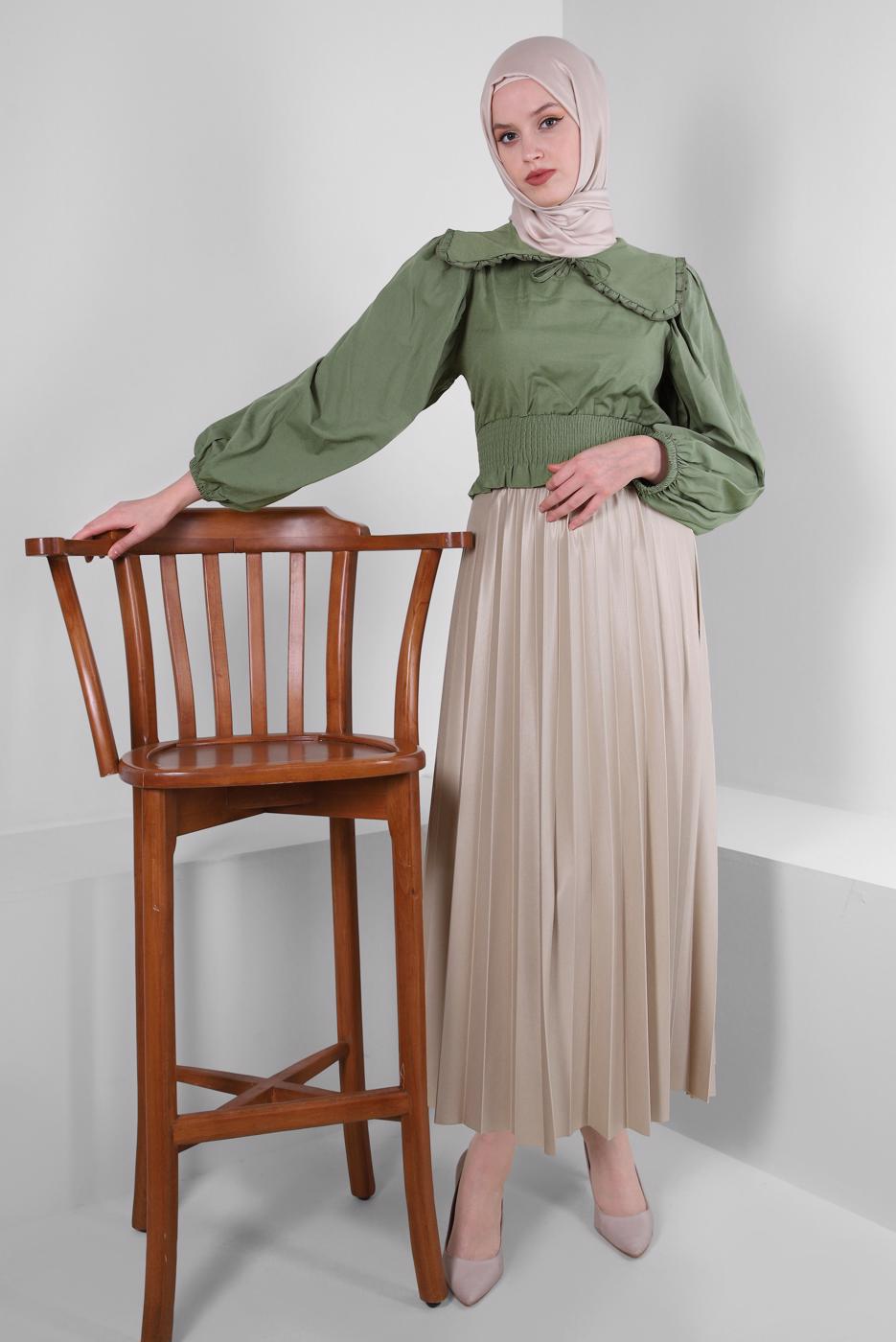 Tesettür giyim BEJ BELİ LASTİKLİ PİLİSELİ ETEK T 20004