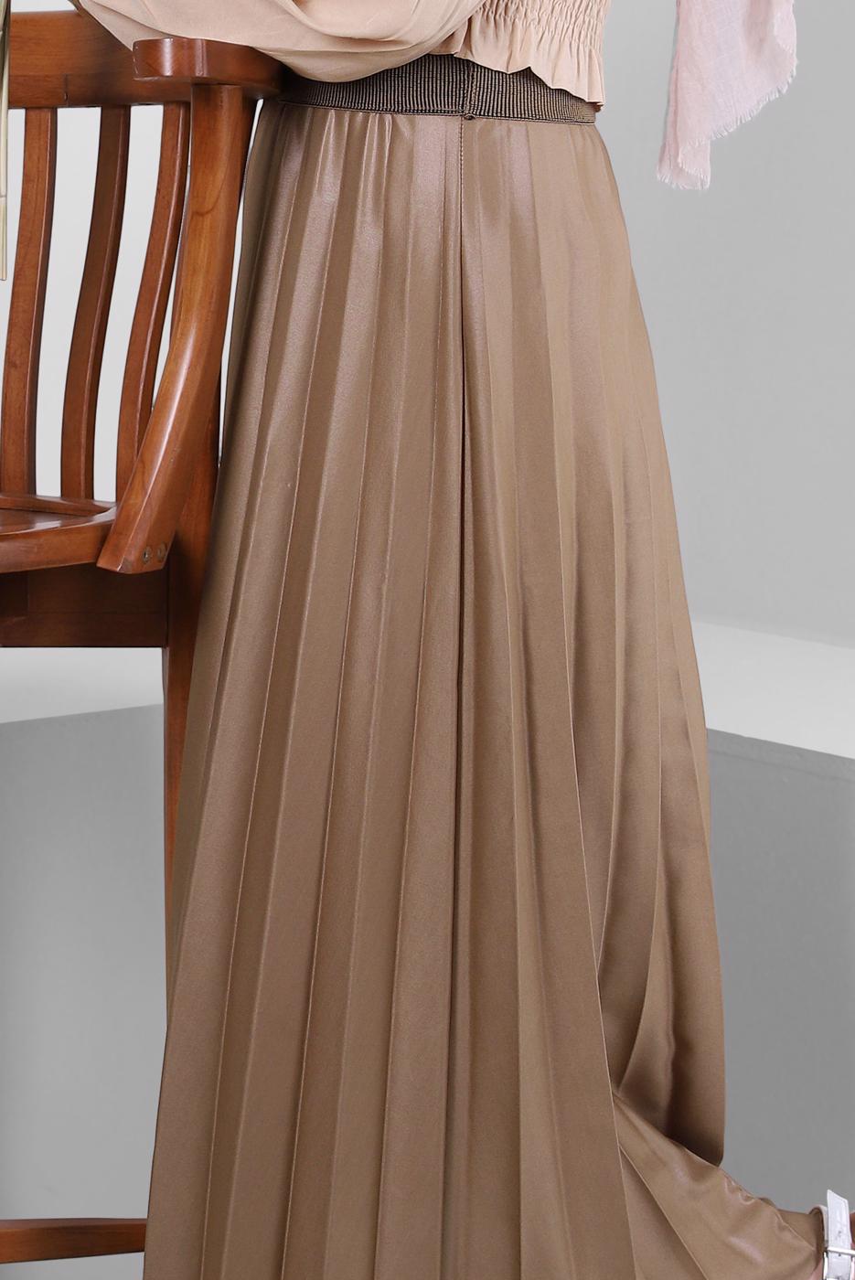 Tesettür giyim KAHVE BELİ LASTİKLİ PİLİSELİ ETEK T 20004