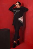 Tesettür giyim SİYAH ZİNCİR DETAYLI GARNİLİ İKİLİ PANTOLONLU TAKIM T 4092