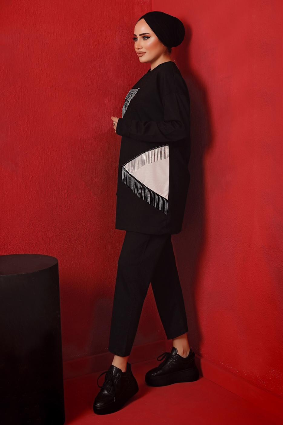 Tesettür giyim SİYAH ZİNCİR DETAYLI GARNİLİ İKİLİ PANTOLONLU TAKIM T 4092