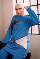 Tesettür giyim MAVİ ZİNCİR DETAYLI GARNİLİ İKİLİ PANTOLONLU TAKIM T 4092