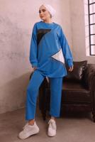 Tesettür giyim MAVİ ZİNCİR DETAYLI GARNİLİ İKİLİ PANTOLONLU TAKIM T 4092