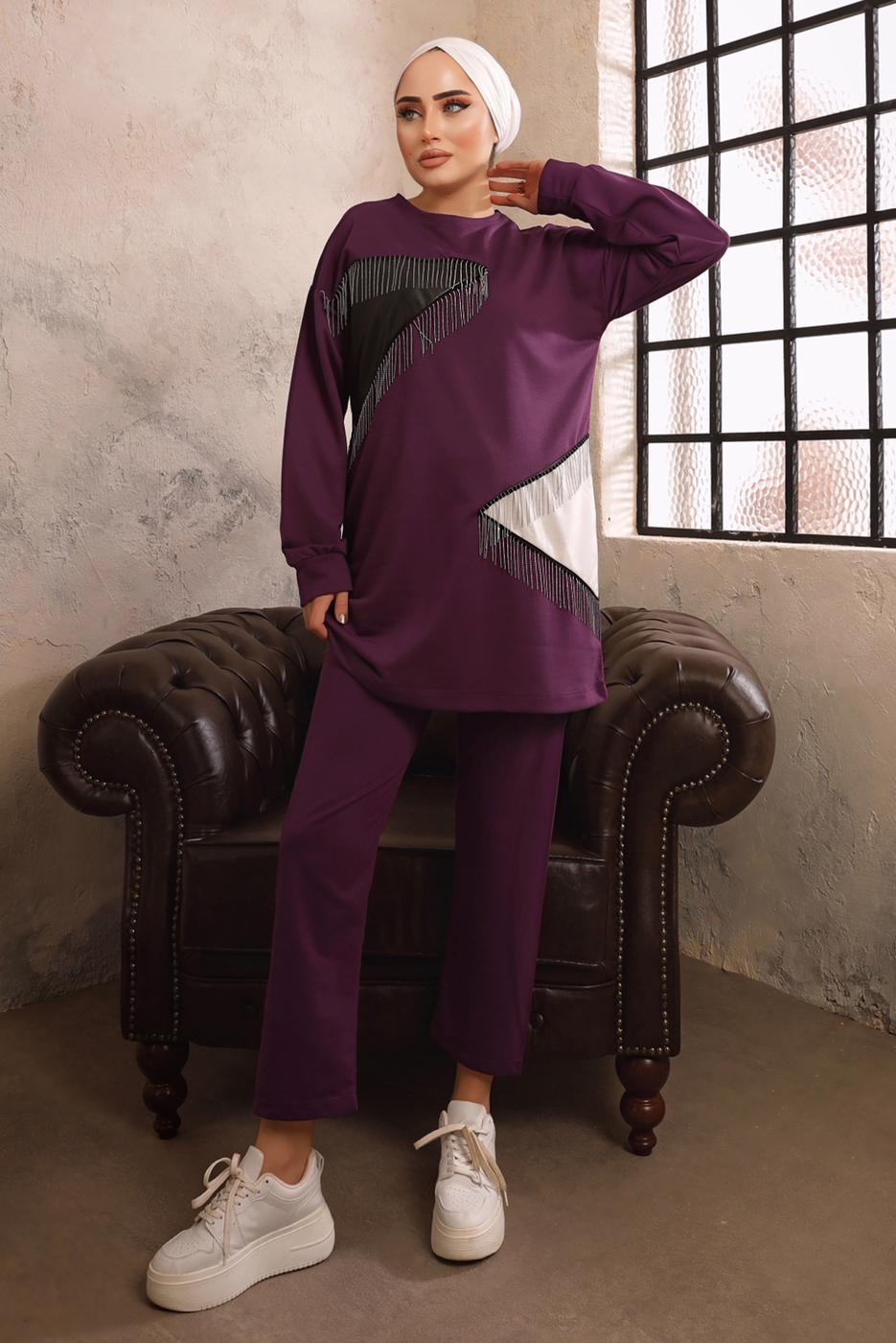 Tesettür giyim MOR ZİNCİR DETAYLI GARNİLİ İKİLİ PANTOLONLU TAKIM T 4092