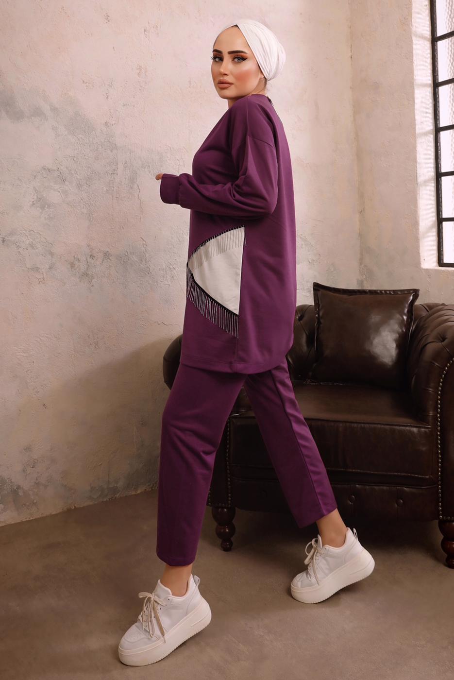 Tesettür giyim MOR ZİNCİR DETAYLI GARNİLİ İKİLİ PANTOLONLU TAKIM T 4092