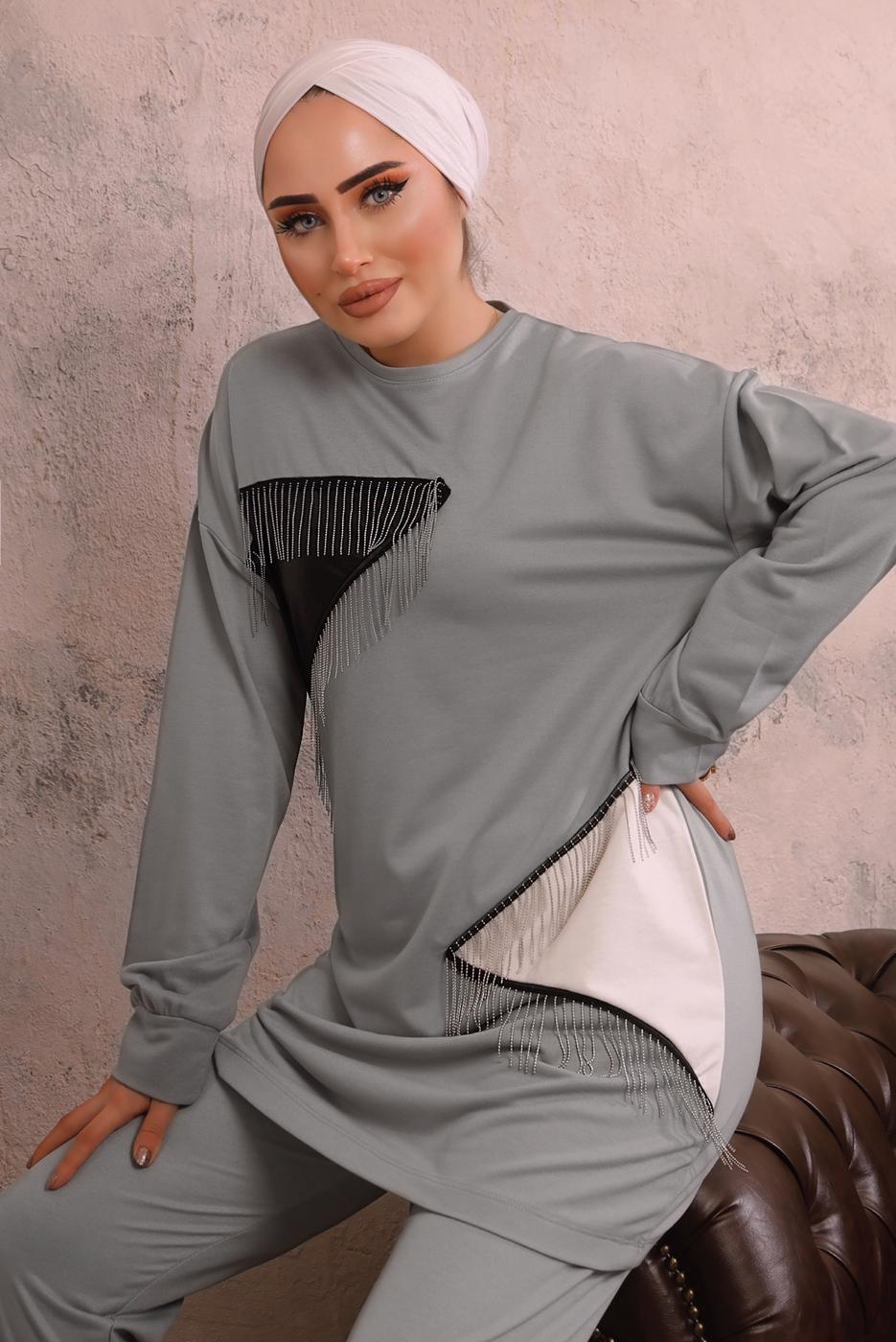 Tesettür giyim GRİ ZİNCİR DETAYLI GARNİLİ İKİLİ PANTOLONLU TAKIM T 4092