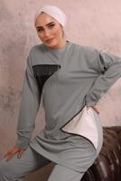 Tesettür giyim GRİ ZİNCİR DETAYLI GARNİLİ İKİLİ PANTOLONLU TAKIM T 4092