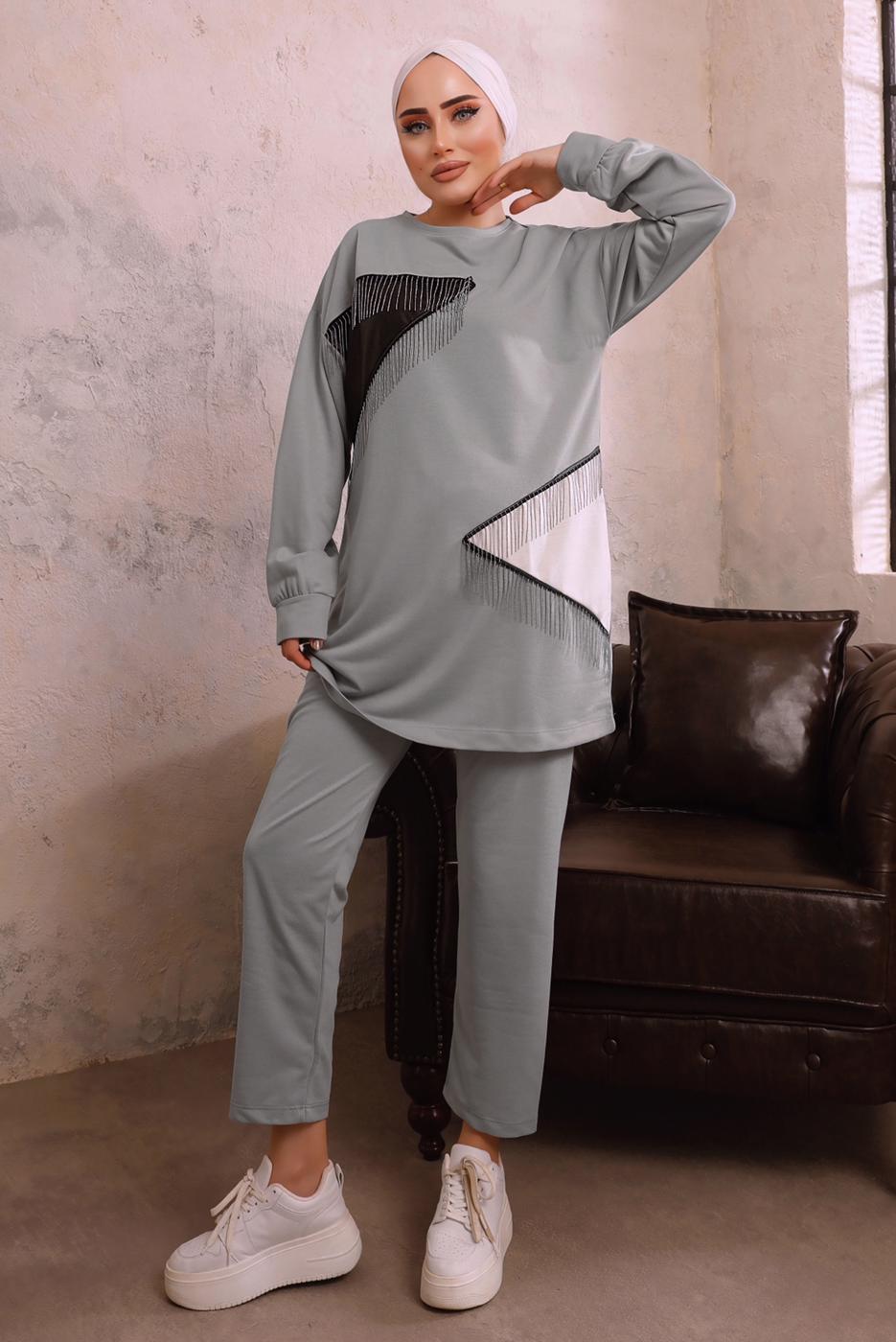 Tesettür giyim GRİ ZİNCİR DETAYLI GARNİLİ İKİLİ PANTOLONLU TAKIM T 4092