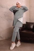 Tesettür giyim GRİ ZİNCİR DETAYLI GARNİLİ İKİLİ PANTOLONLU TAKIM T 4092