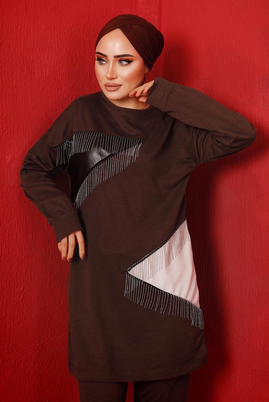 Tesettür giyim KAHVE ZİNCİR DETAYLI GARNİLİ İKİLİ PANTOLONLU TAKIM T 4092