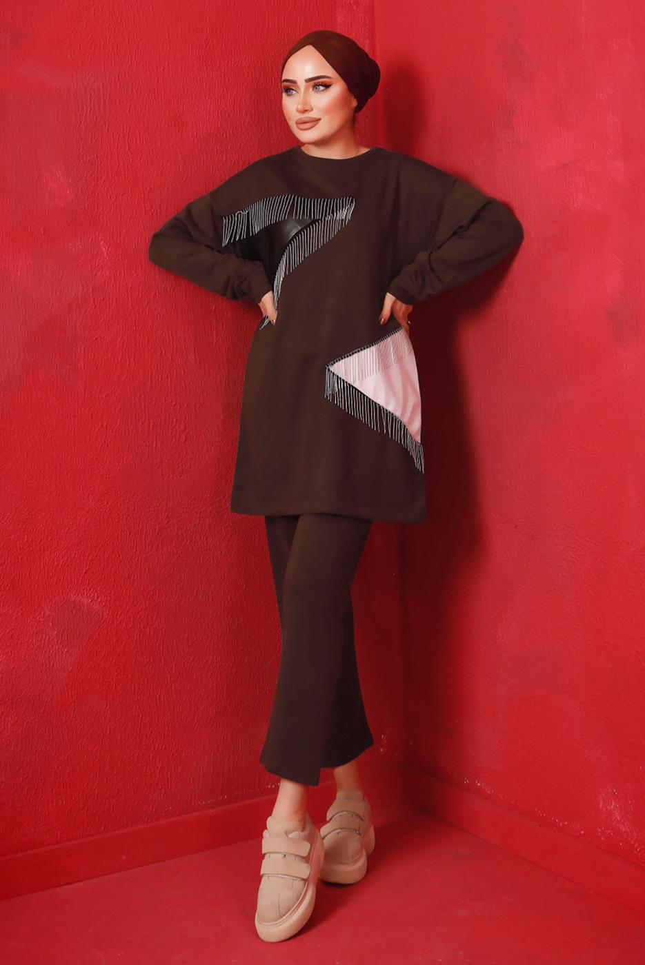 Tesettür giyim KAHVE ZİNCİR DETAYLI GARNİLİ İKİLİ PANTOLONLU TAKIM T 4092