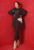 Tesettür giyim KAHVE ZİNCİR DETAYLI GARNİLİ İKİLİ PANTOLONLU TAKIM T 4092