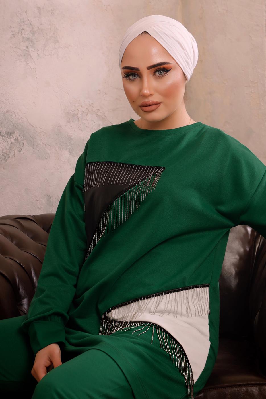 Tesettür giyim YEŞİL ZİNCİR DETAYLI GARNİLİ İKİLİ PANTOLONLU TAKIM T 4092