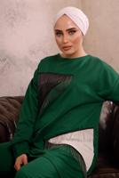 Tesettür giyim YEŞİL ZİNCİR DETAYLI GARNİLİ İKİLİ PANTOLONLU TAKIM T 4092