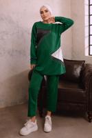 Tesettür giyim YEŞİL ZİNCİR DETAYLI GARNİLİ İKİLİ PANTOLONLU TAKIM T 4092