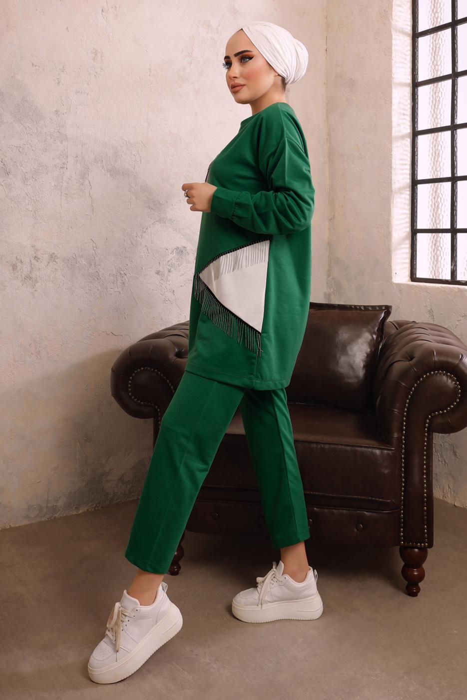 Tesettür giyim YEŞİL ZİNCİR DETAYLI GARNİLİ İKİLİ PANTOLONLU TAKIM T 4092