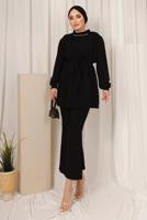 Tesettür giyim SİYAH ZİNCİR DETAYLI KUŞAKLI PANTOLONLU TAKIM T 6303