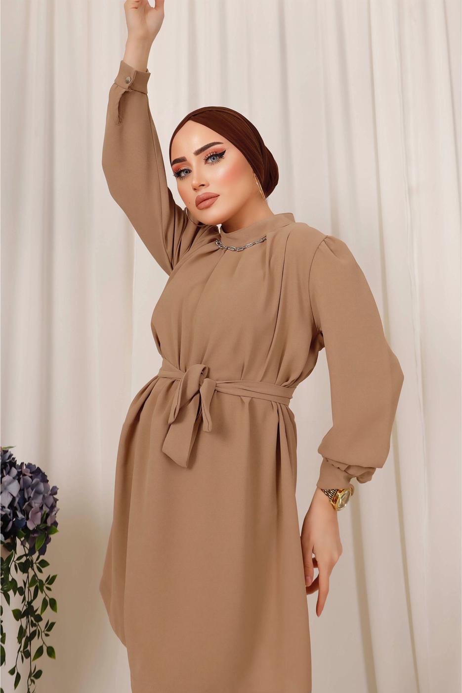 Tesettür giyim BEJ ZİNCİR DETAYLI KUŞAKLI PANTOLONLU TAKIM T 6303