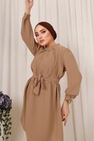 Tesettür giyim BEJ ZİNCİR DETAYLI KUŞAKLI PANTOLONLU TAKIM T 6303