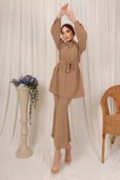 Tesettür giyim BEJ ZİNCİR DETAYLI KUŞAKLI PANTOLONLU TAKIM T 6303