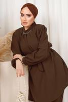Tesettür giyim KAHVE ZİNCİR DETAYLI KUŞAKLI PANTOLONLU TAKIM T 6303