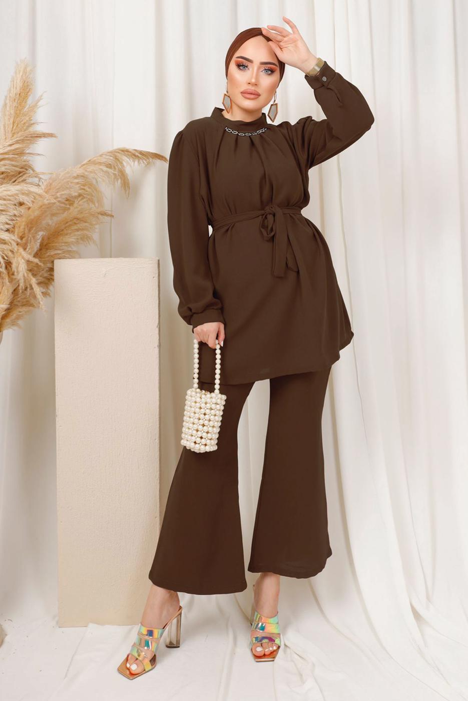 Tesettür giyim KAHVE ZİNCİR DETAYLI KUŞAKLI PANTOLONLU TAKIM T 6303