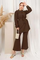 Tesettür giyim KAHVE ZİNCİR DETAYLI KUŞAKLI PANTOLONLU TAKIM T 6303