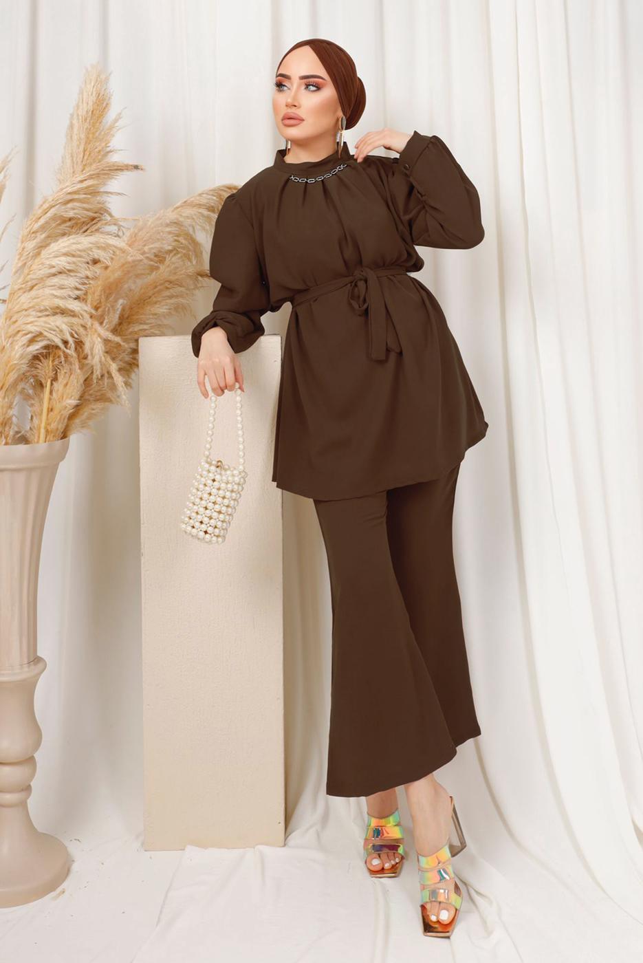 Tesettür giyim KAHVE ZİNCİR DETAYLI KUŞAKLI PANTOLONLU TAKIM T 6303