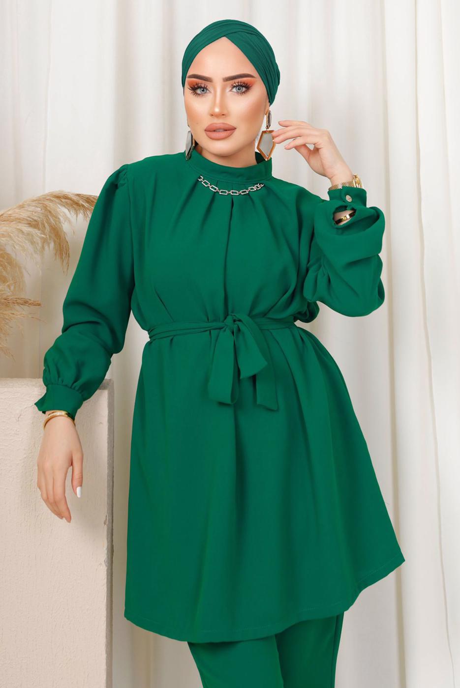 Tesettür giyim YEŞİL ZİNCİR DETAYLI KUŞAKLI PANTOLONLU TAKIM T 6303