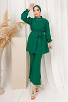 Tesettür giyim YEŞİL ZİNCİR DETAYLI KUŞAKLI PANTOLONLU TAKIM T 6303