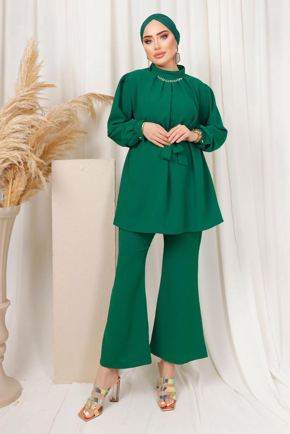 Tesettür giyim YEŞİL ZİNCİR DETAYLI KUŞAKLI PANTOLONLU TAKIM T 6303