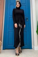 Tesettür giyim SİYAH ZİNCİR DETAYLI VOLANLI ABİYE ELBİSE T 0183