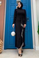 Tesettür giyim SİYAH ZİNCİR DETAYLI VOLANLI ABİYE ELBİSE T 0183