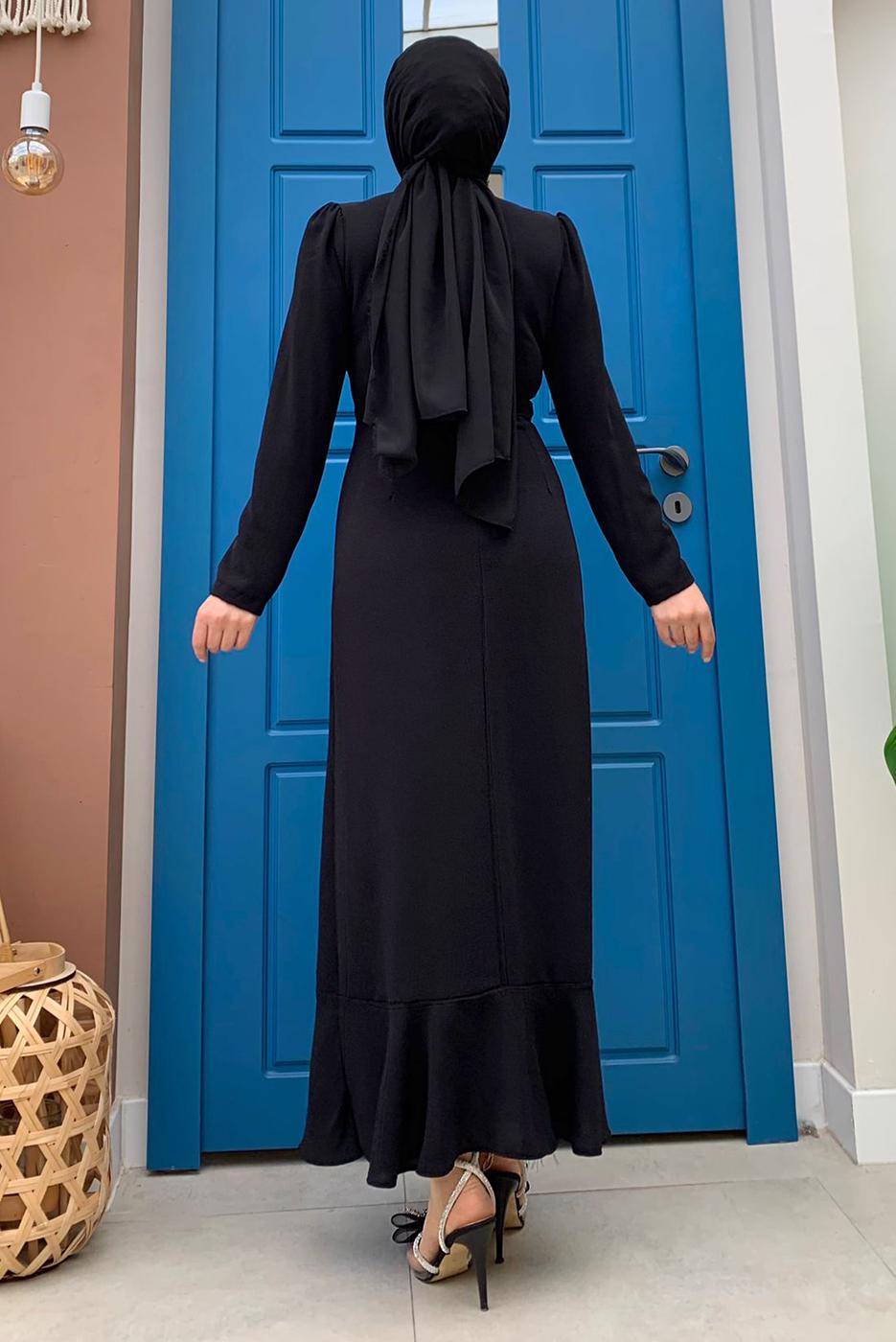 Tesettür giyim SİYAH ZİNCİR DETAYLI VOLANLI ABİYE ELBİSE T 0183