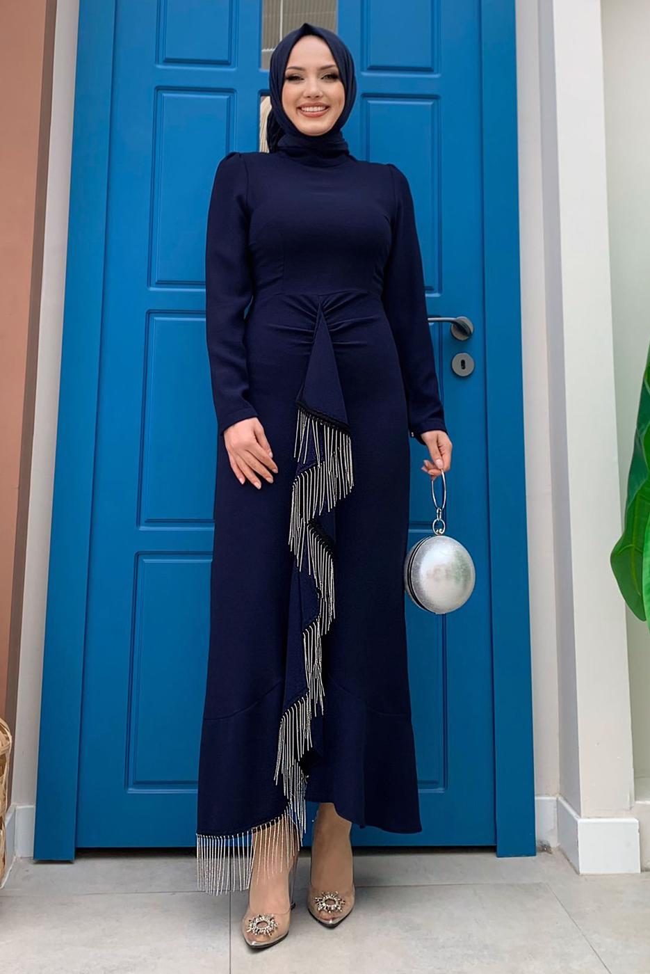 Tesettür giyim LACİVERT ZİNCİR DETAYLI VOLANLI ABİYE ELBİSE T 0183