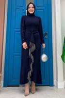 Tesettür giyim LACİVERT ZİNCİR DETAYLI VOLANLI ABİYE ELBİSE T 0183