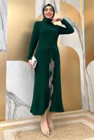 Tesettür giyim YEŞİL ZİNCİR DETAYLI VOLANLI ABİYE ELBİSE T 0183