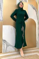 Tesettür giyim YEŞİL ZİNCİR DETAYLI VOLANLI ABİYE ELBİSE T 0183